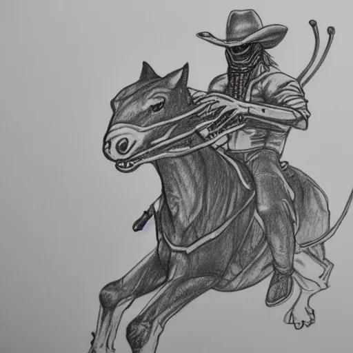 Image similar to a pencil sketch of a cowboy riding a xenomorph on a white background