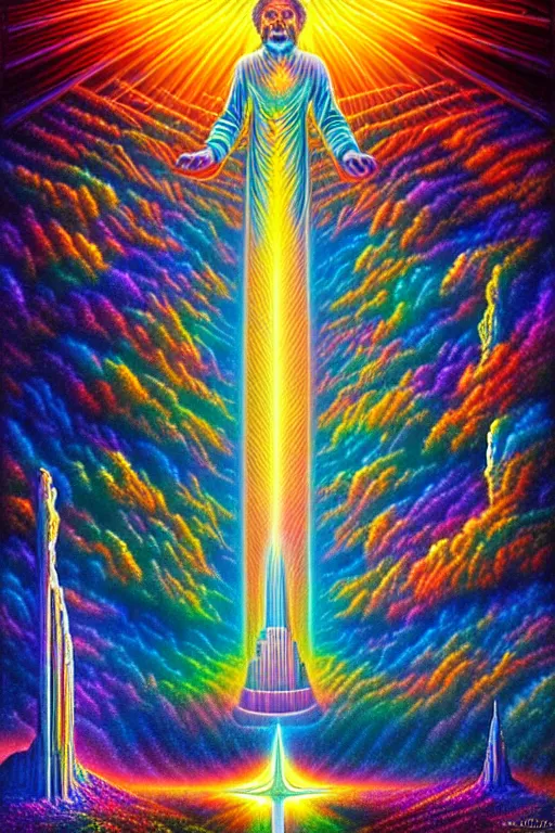 Prompt: a photorealistic detailed image of a beautiful vibrant iridescent future for human evolution, spiritual science, divinity, utopian, holy architecture, pillars, angelic beings, multidimensional lsd entities by david a. hardy, kinkade, lisa frank, wpa, public works mural, socialist