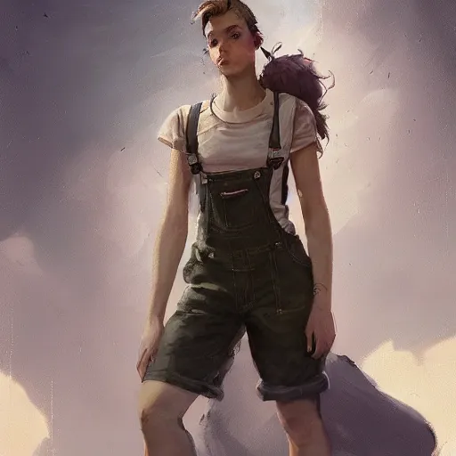 Prompt: portrait, attractive Female adventurer, soft eyes and narrow chin, dainty figure, single strap paint covered overalls, short shorts, combat boots, raining, basic white background, style of by Jordan Grimmer and greg rutkowski, crisp lines and color,