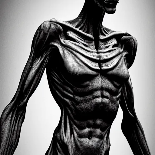 Image similar to photorealistic detailed tall skinny humanoid creature, extremly detailed, black and white, 8 k, realistic, sharp focus, cosmic horror creature, cosmic horror