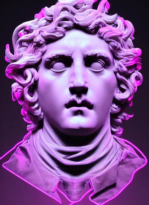 Prompt: bust of dionysus, beeple, vaporwave, retrowave, black background, neon wiring, black, glitch, strong contrast, cuts, pinterest, trending on artstation
