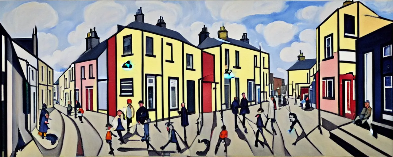 Image similar to a painting of street life in kirkwall orkney, by Bridget Riley