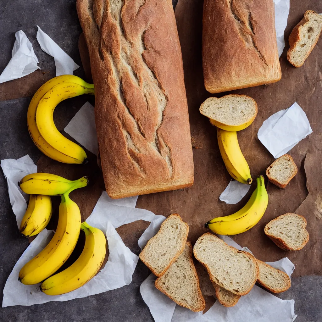 Image similar to bananas and bread bundled together with a paper banderole