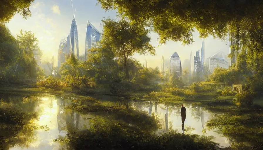 Prompt: city art of liberland with humongous green glass dome with forest inside and path around it and humongous futuristic glass buildings built in the horizon, sunset light, hyperdetailed, artstation, painting by gaston bussiere, craig mullins, j. c. leyendecker, 8 k