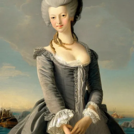 Image similar to portrait, Marie Antoinette levitating over the sea. high detail, great lighting, 8k resolution, masterpiece, concept art, illustration