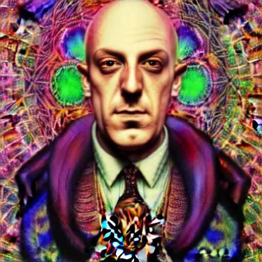 Image similar to An extremely psychedelic portrait of AleisterCrowley, surreal, LSD, face, detailed, intricate, elegant, lithe, highly detailed, digital painting, artstation, concept art, magical, magic, magick, Occult, smooth, sharp focus, illustration