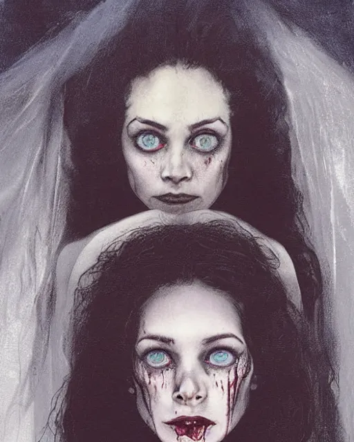 Image similar to two handsome but sinister, creepy young women in layers of fear, with haunted eyes and wild hair, 1 9 7 0 s, seventies, wallpaper, a little blood, moonlight showing injuries, delicate embellishments, painterly, offset printing technique, by john howe, brom, robert henri, walter popp