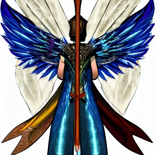 Image similar to medieval weapon, long spear made of feathered wings, prismatic, multi colored feathers, anime style, white background