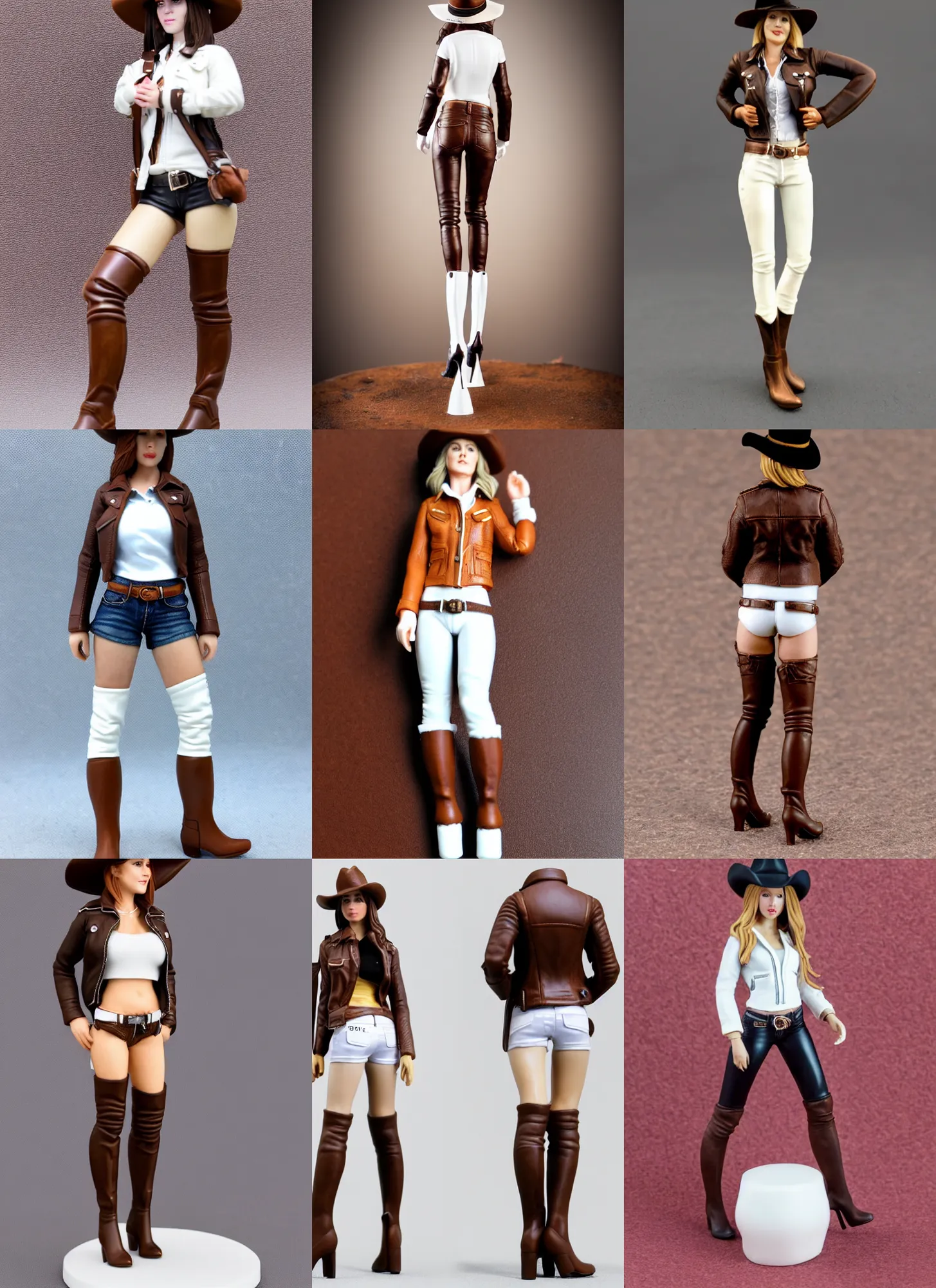 Prompt: 80mm resin detailed miniature of a cow-girl, Short brown leather jacket, white shirts, hot-pants, ten-gallon hat, over-knee boots, Navel, Thigh Skin, Standing with legs open on textured disc base; Miniature product Introduction Photos, Logo, 4K, Full body; Front view