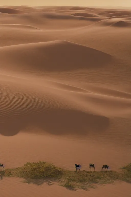 Prompt: a vast arabic desert landscape with minimal vegetation in the style of thomas cole and a group of camels crossing a dune, raytracing, 8 k, octane render, volumetric, vivid, beautiful, hyperrealism