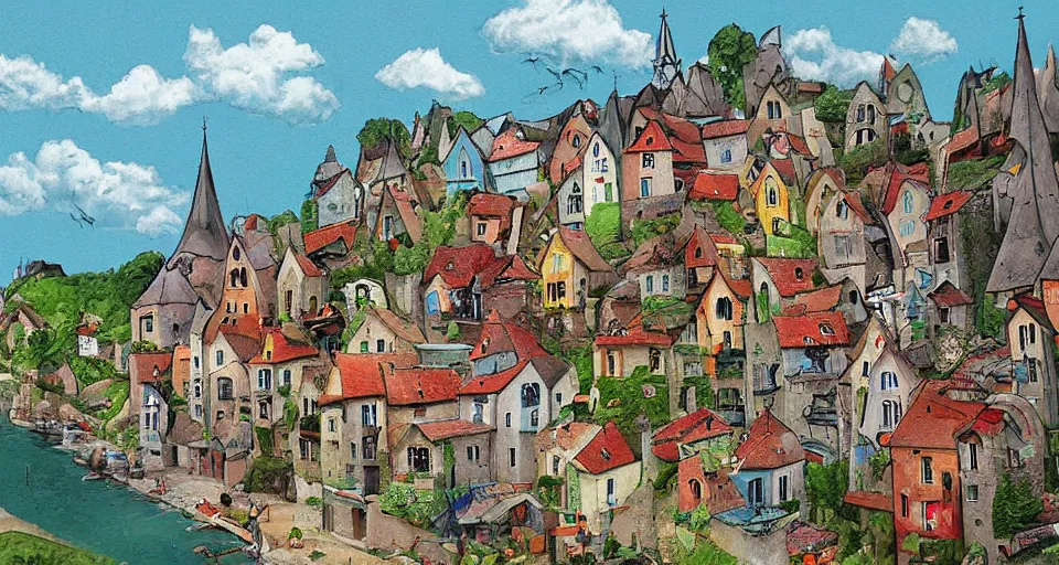 Image similar to a cartoon village in france by didier conrad