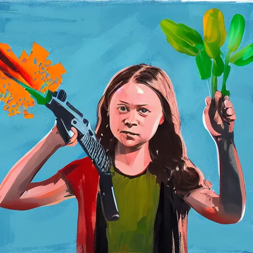 Prompt: Greta Thunberg with a gun, digital art, expressive oil painting