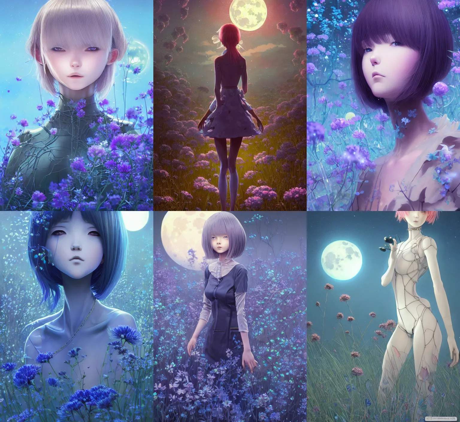 Prompt: detailed, sharp, dreaming humanoid female automata in exoskeleton surrounded by glowing blue flowers and flora, big moon in the background by Ilya Kuvshinov and Anna Dittmann and studio ghibli and WLOP and Rossdraws, digital art, surreal, trending on artstation, anime arts, featured on Pixiv, blue lighting, HD, 8K, highly detailed, good lighting, beautiful, epic, masterpiece