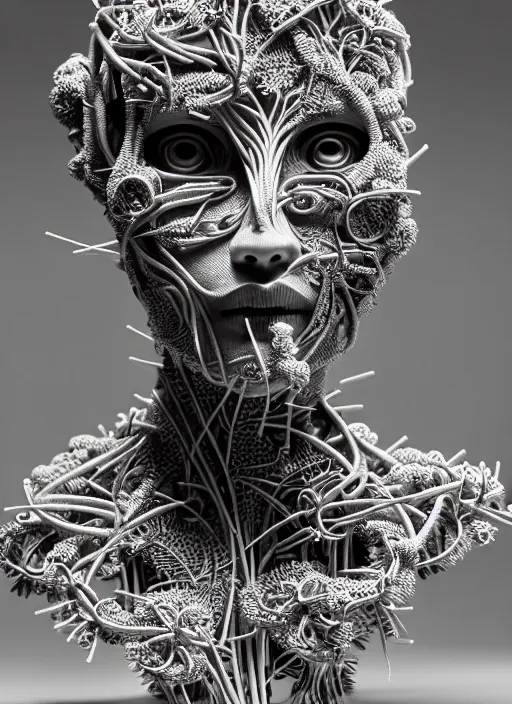 Image similar to a young female cyborg bust made of intricate vegetal stems, dramatic, ilford hp 5, closeup - view, f / 2. 8, high contrast, 1 6 k, fluorescent lamp, contre - jour, insanely detailed and intricate, hypermaximalist, elegant, ornate, hyper realistic, super detailed