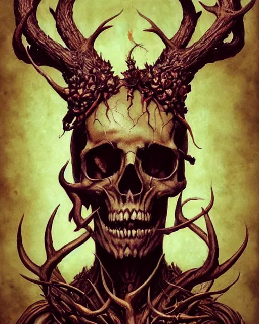 Image similar to perfectly centered portrait front view of a angry dead rotten beautiful dear skull growing ornamentation all around, ornate, detailed, symmetrical, elegant, beautifully soft lit, by wayne barlowe, peter mohrbacher, kelly mckernan