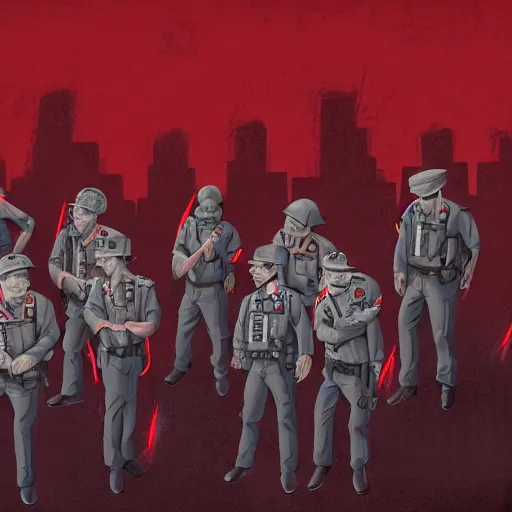 Prompt: zombie police officers ( beige uniform and caps ) wield ( uzis ) in ( brutalist concrete gray office ) ( floating in red spectral aura ) trending on artstation high detail digital painting 4 k 8 k hd