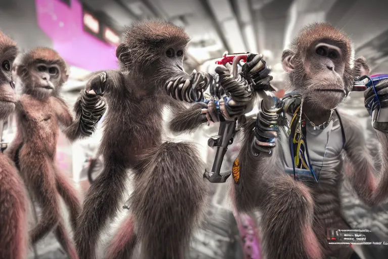 Image similar to Contamporary art fashion photography of ultra mega super hyper realistic detailed group of ultra mega super hyper realistic detailed monkey's in cyberpunk suits by Hiromasa Ogura . Photo shot from 30m distance on ultra mega super hyper Leica Q2 Camera, Rendered in VRAY and DaVinci Resolve and MAXWELL and LUMION 3D