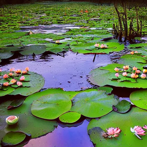 Image similar to a pond with water lillies in the forest, photorealistic,