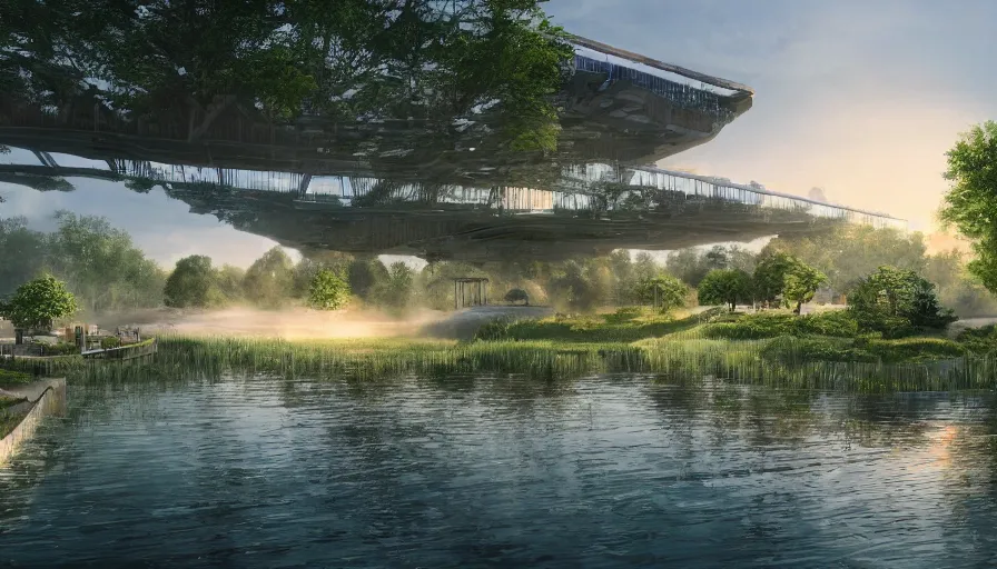 Prompt: concept art of an ecological green hotel built near chicago with water and bridges around it, sunset light, hyperdetailed, artstation, cgsociety, 8 k