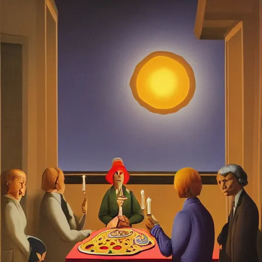 Image similar to A pizza seance, by Raphael Hopper, and Rene Magritte. Extremely Highly detailed, Occult, funny, humorous, humor, hilarious, funny, entertaining, magical, trending, influencer, Trending on artstationHQ