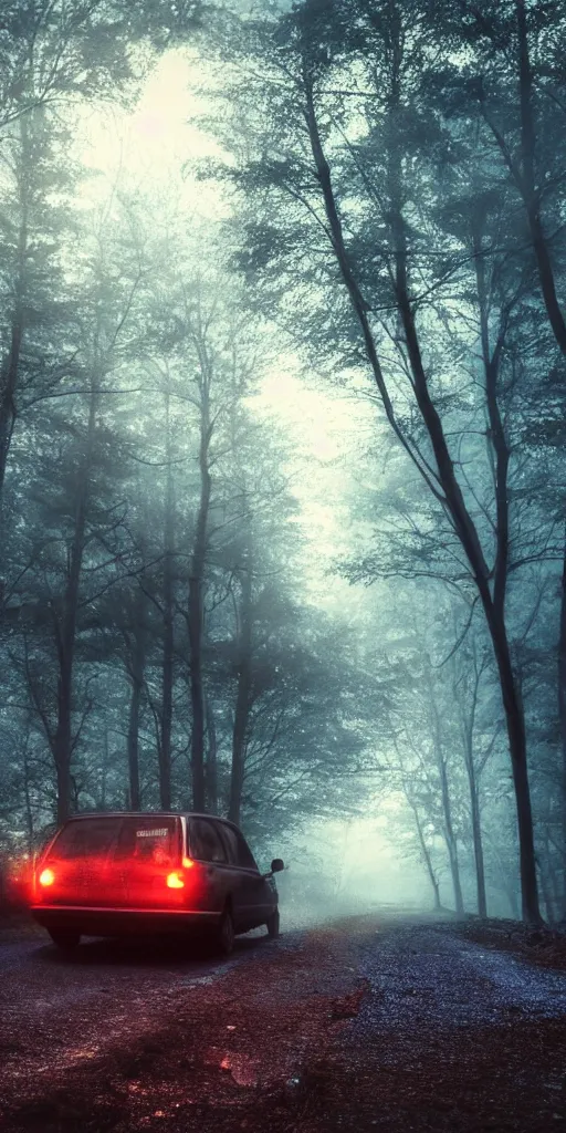 Prompt: deep blue tones!!! old dark car with red lights in the woods, pacific northwest, dense fog, nighttime, dark blue tones, gloomy deep blue atmosphere, 8 k, hd, photoreal