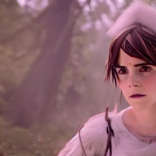 Image similar to emma watson as live action princess mononoke, still frame, sharp focus, cinematic, filmic