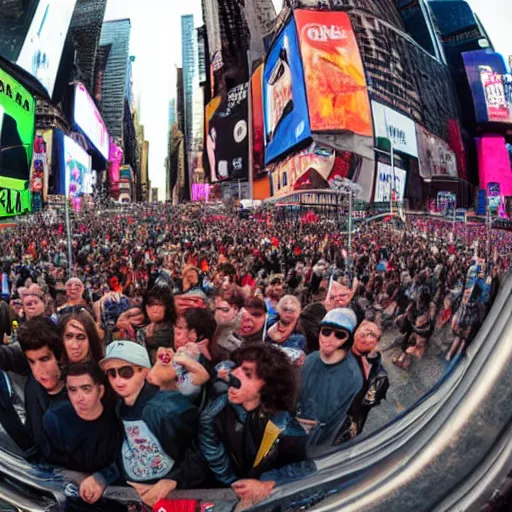 Prompt: award winning color photo, of all 3 Beastie boys, in New York times square, fisheye lens, detailed faces, close up, 8k, balanced composition