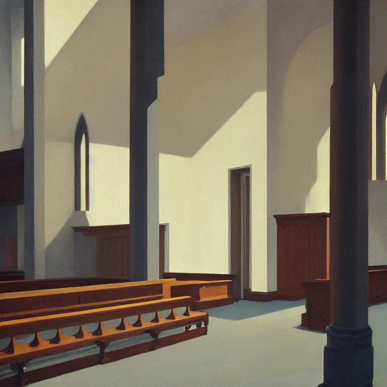 Prompt: empty church interior, painted by Edward Hopper, painted by James Gilleard, airbrush