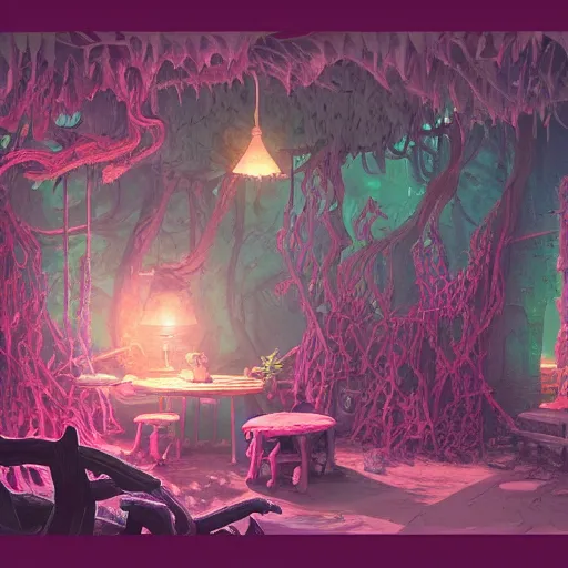 Image similar to concept art painting of a interior of a cozy alien fantasy cottage made of fungus, with black vines and magenta houseplants, realistic, detailed, cel shaded, dark, in the style of makoto shinkai and greg rutkowski and james gurney