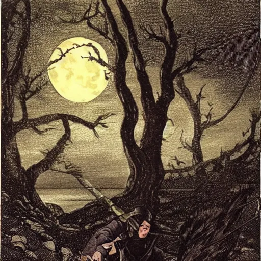 Image similar to The wind was a torrent of darkness among the gusty trees.    The moon was a ghostly galleon tossed upon cloudy seas.    The road was a ribbon of moonlight over the purple moor,    And the highwayman came riding—          Riding—riding— The highwayman came riding, up to the old inn-door.