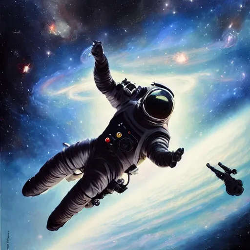 Image similar to detailed rococo painting of a black astronaut spacewalking, planets behind, symmetrical, realistic, art station nebulas, dynamic lighting, 8 k, star wars, art by greg rutkowski, kehinde wiley, alphonse muca