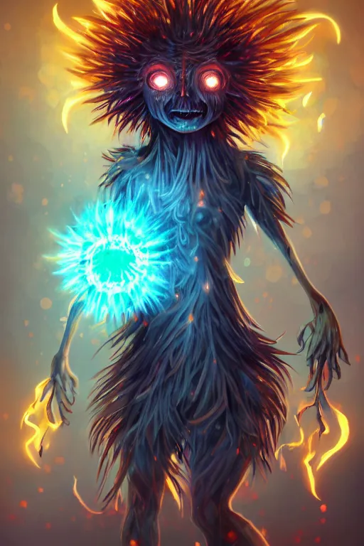 Image similar to a glowing humanoid figure dandelion monster with large glowing eyes, surrounded by elemental flames, highly detailed, digital art, sharp focus, trending on art station, artichoke, anime art style