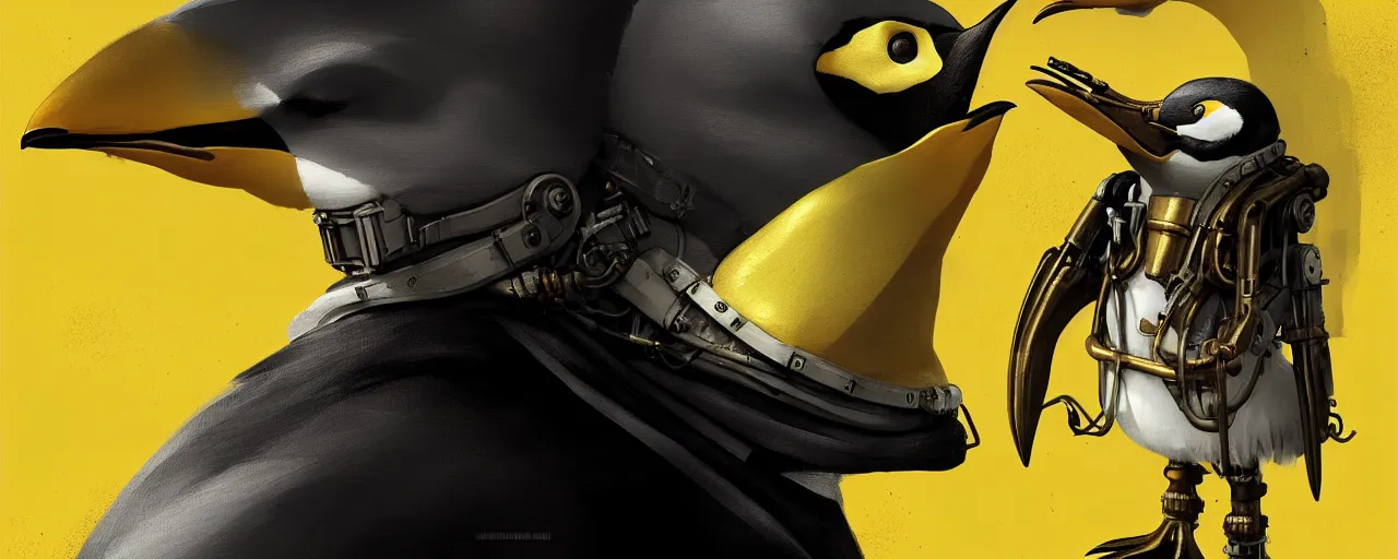 Image similar to duotone yelow black white concept illustration of 3 / 4 portrait of penguin with penguin beak as steampunk cyborg. cinematic volumetric lighting. golden ratio accidental renaissance. by sachin teng and sergey kolesov and ruan jia and heng z. graffiti art, scifi, fantasy, hyper detailed. octane render. concept art. trending on artstation