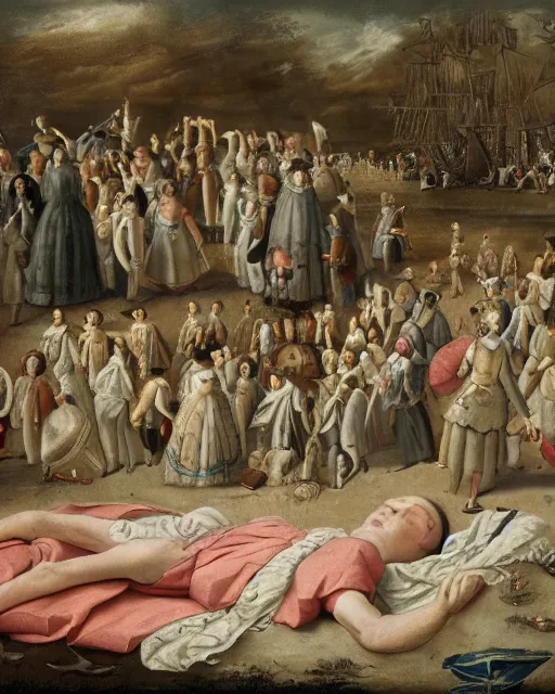 Image similar to the gigantic clothed body of gulliver, a young man from the early 1 7 th century, lies unconscious on a lilliputian beach, surrounded by thousands of tiny lilliputians wearing strange clothes. gulliver is dressed in early 1 7 th century male clothing designed in the style of sandy powell. hyperreal and cinematic, photorealistic, gulliver ’ s travels