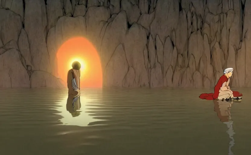 Image similar to a cell - shaded cartoon movie still from princess mononoke ( 1 9 9 7 ) of a middle eastern imam kneeling in prayer to an elegant angel in the lotus position in a flooded desert town with shafts of sunlight from above. very dull muted colors, hd, 4 k, hq