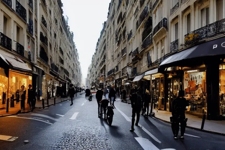 Image similar to photo of the streets of Paris under American domination, US colonization, military occupation, dystopia, science fiction, highly detailed, super realistic, cinematic, intense lighting, apple logo, flags, American military cyborgs, French paranoia