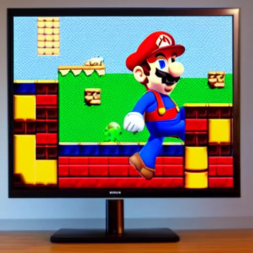 Prompt: “Mario playing Super Mario on a large flat screen TV, digital art, touching, soft shadows, pop art, unreal engine”