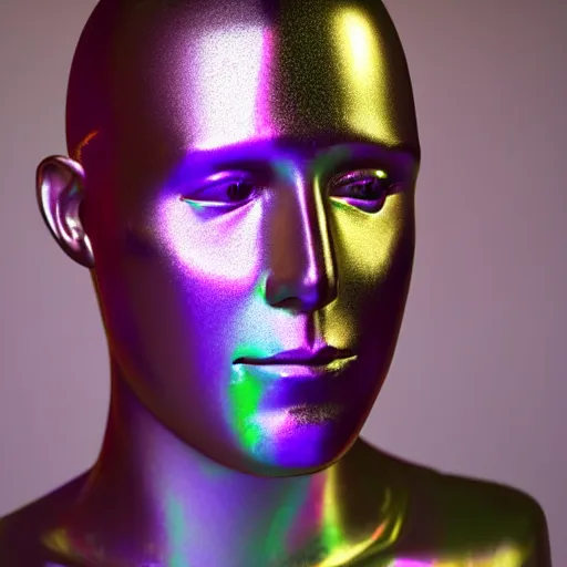 Image similar to 3d render of holographic human robotic head made of glossy iridescent, surrealistic 3d illustration of a human face non-binary, non binary model, 3d model human, cryengine, made of holographic texture, holographic material, holographic rainbow, concept of cyborg and artificial intelligence