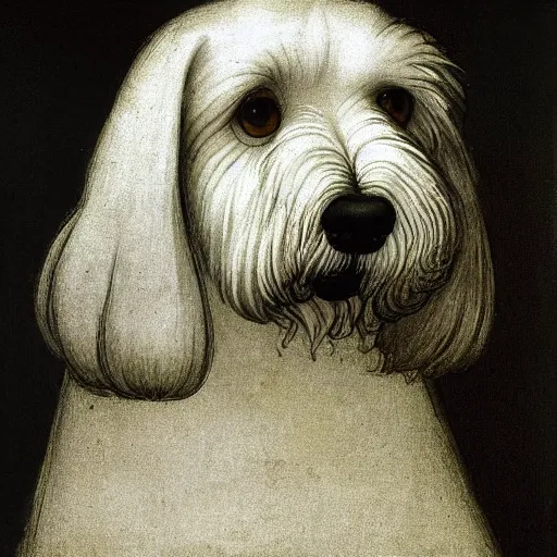 Image similar to reinacensse sketch, white schnauzer dog with two open wings, front view, leonardo da vinci