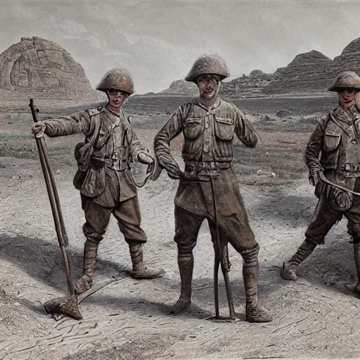 Image similar to ultra detailed photorealistic sepia - toned painting from 1 9 1 7, three british soldiers standing at an archaeological dig site in wadi rum, ultra realistic, painted, intricate details, lovecraft, atmospheric, dark, horror, brooding, highly detailed, by clyde caldwell