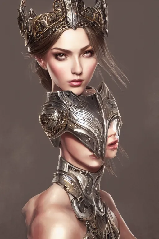 Image similar to three-quarters portrait pose of a beautiful woman, slim body, shining armor, human warrior, fantasy, intricate, elegant, highly detailed, digital painting, artstation, concept art, matte, sharp focus,D&D, illustration, art by Stanley Lau