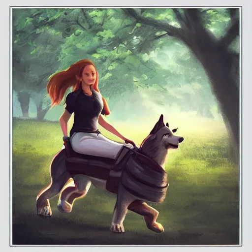 Image similar to girl riding a giant husky in the park, trending on artstation