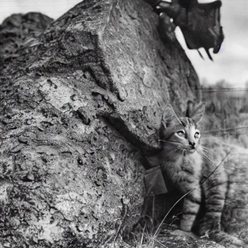 Image similar to cat with soviet army clothes mid war using a boulder as cover, war field, destruction, cinematic, epic, dramatic