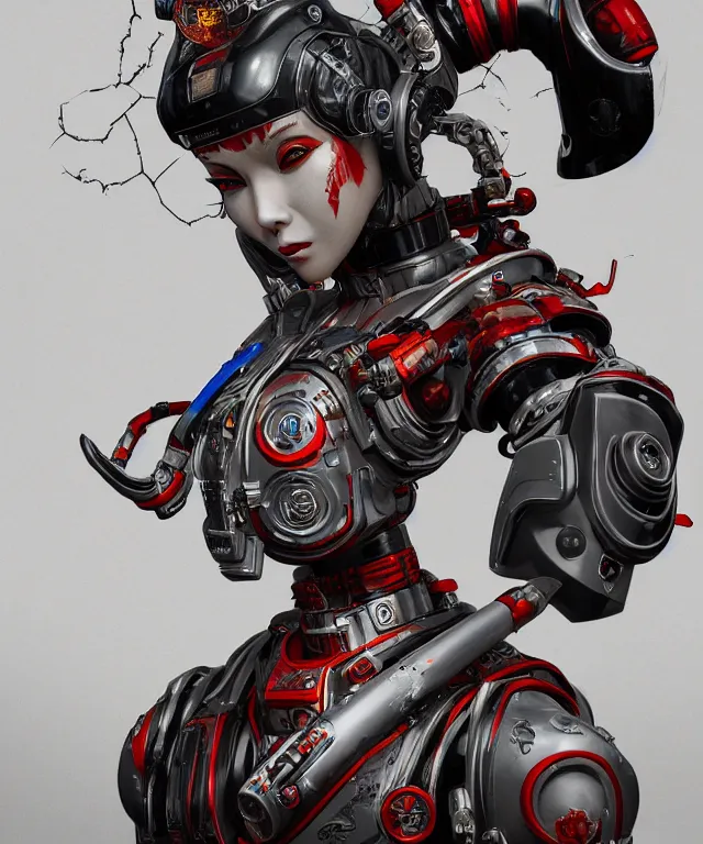 Image similar to an epic fantastic realism comic book style portrait painting of a japanese robotic geisha with kanji tattoos and decals, apex legends, octane render, intricate detail, 4 k hd, unreal engine 5, ex machina, irobot