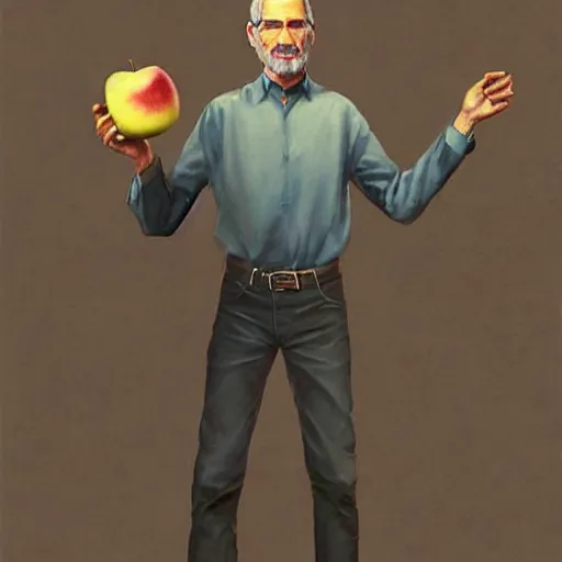 Image similar to a highly detailed epic cinematic concept art CG render digital painting artwork costume design: Steve Jobs as a student in a 1970s hippie costume holding a bitten apple. By Greg Rutkowski, Ilya Kuvshinov, WLOP, Stanley Artgerm Lau, Ruan Jia and Fenghua Zhong, trending on ArtStation, made in Maya, Blender and Photoshop, octane render, excellent composition, cinematic atmosphere, dynamic dramatic cinematic lighting, aesthetic, very inspirational, arthouse