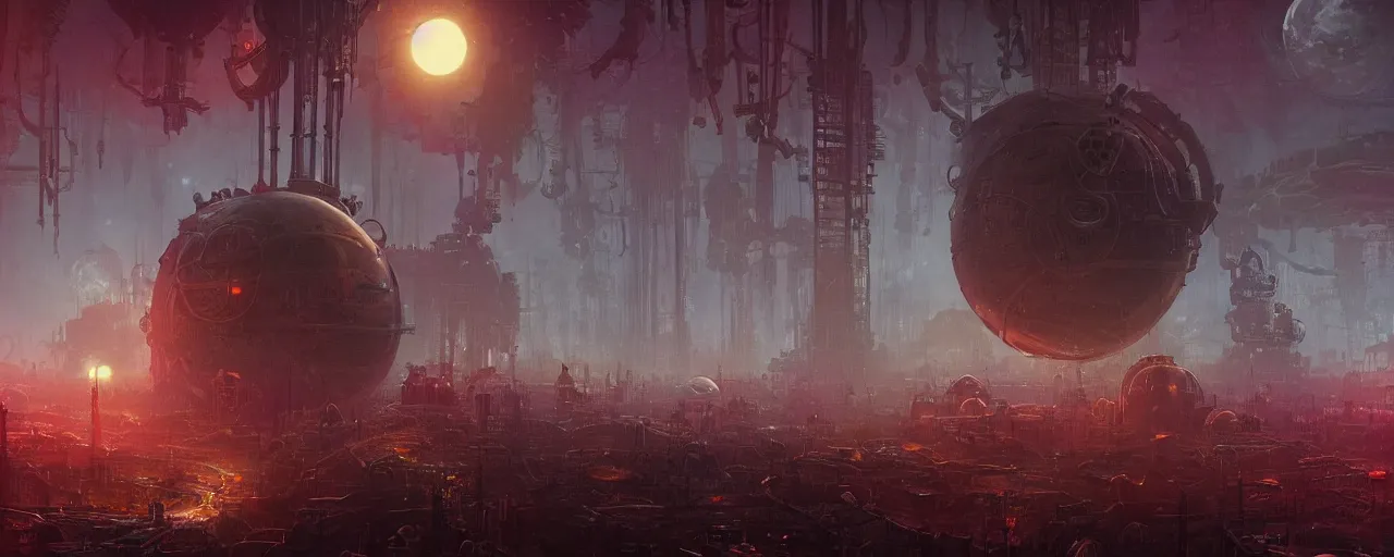 Image similar to ” outer planet with thick fog and steampunk structures, [ cinematic, detailed, epic, widescreen, opening, establishing, mattepainting, photorealistic, realistic textures, octane render, art by paul lehr ] ”