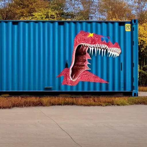 Prompt: photograph of a shipping container tyrannosaurus rex in a freight yard