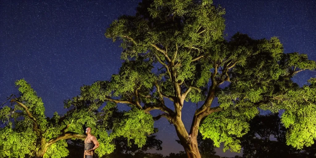 Prompt: Medium shot of a tall muscular man in a tunic looking at a large tree with bright, light fruit, night, cinematic lighting, 8k, high depth of field, detailed, hyperrealistic, very realistic