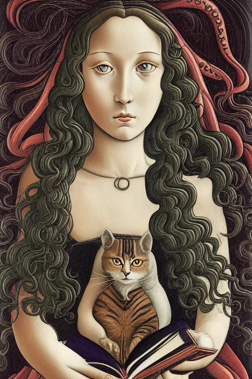 Image similar to botticelli illustration of romantic girl, her cat and her book of necronomicon, symmetrical, cinematic, sharp focus, 4 k, ultra hd, sense of awe, sinister demonic atmosphere, dreadful, forbidden knowledge, old gods, cthulhu, yog - sothoth! yah, yah, yah! cultist journal cover