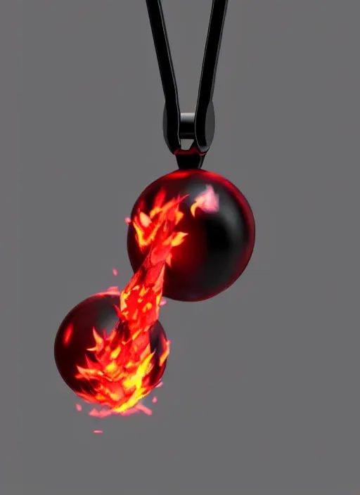 Image similar to rpg item, a black necklace with a bright red crystal pendant in flames, Unreal 5, DAZ, hyperrealistic, rpg style, octane render, dynamic lighting